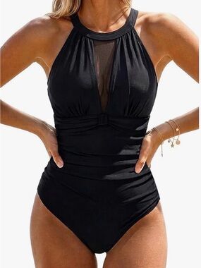 Black Halter One-Piece Swimsuit with Sheer Front Panel